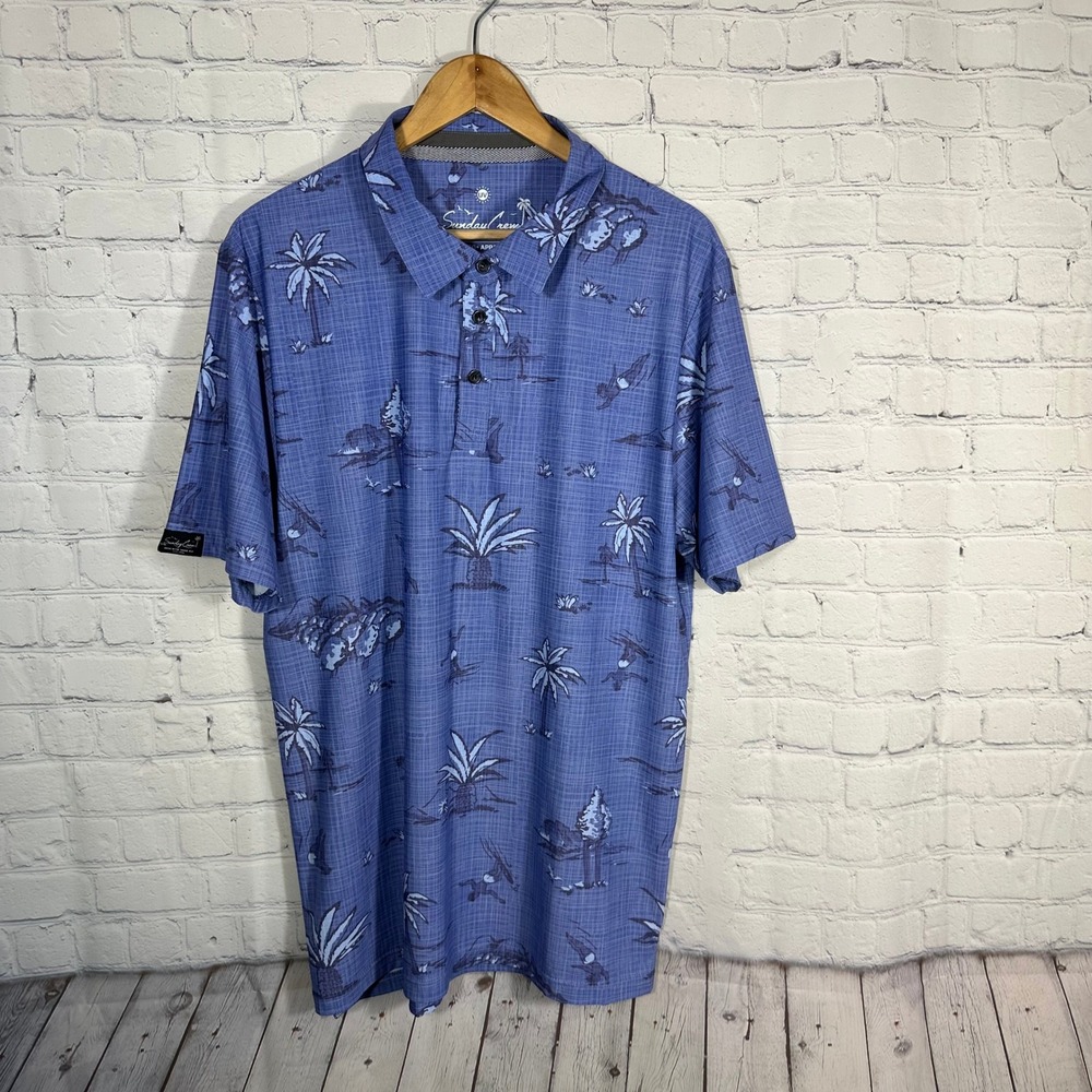 Sunday Crew XL Blue Tropical Palm Tree Surfer UPF 50+ Performance Polo Shirt